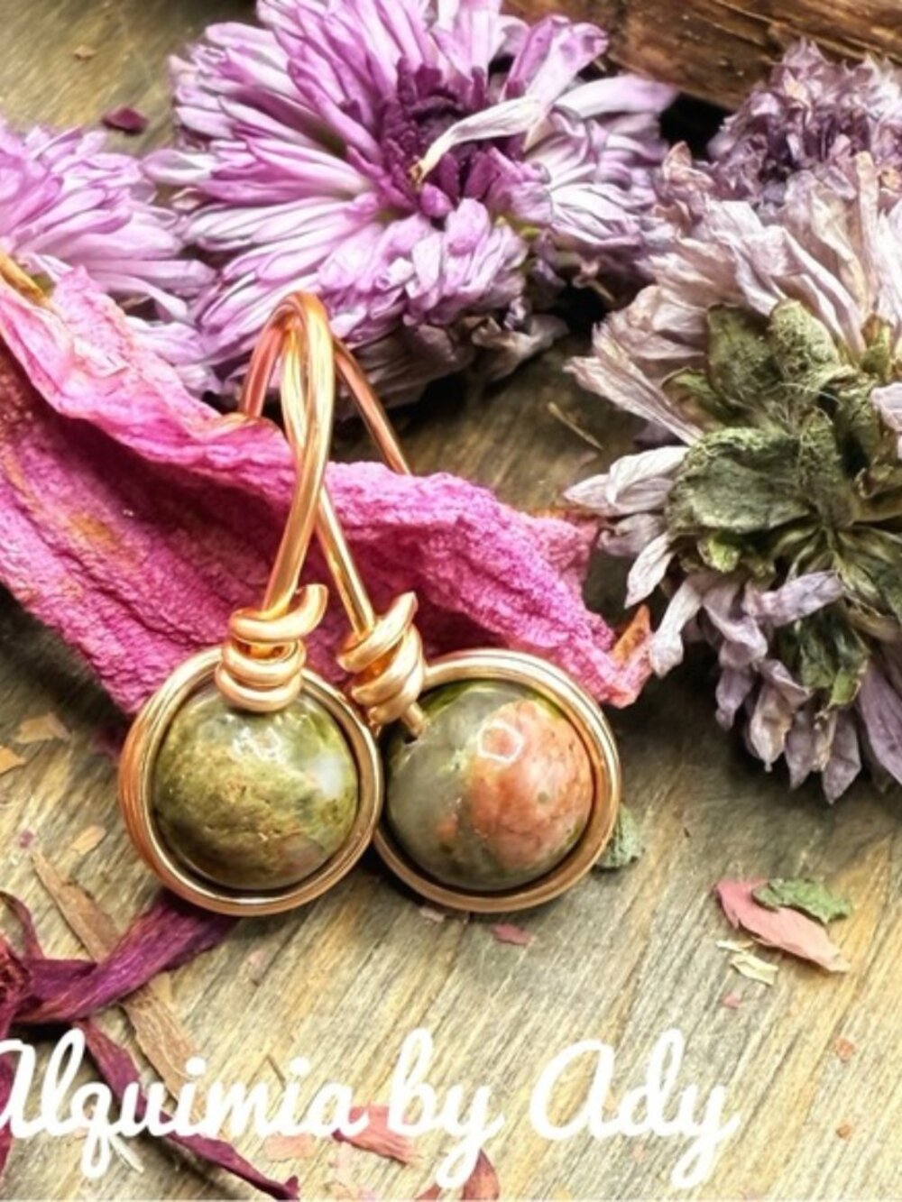 Alquimia Copper Wire Green and Orange Jasper Drop Earrings